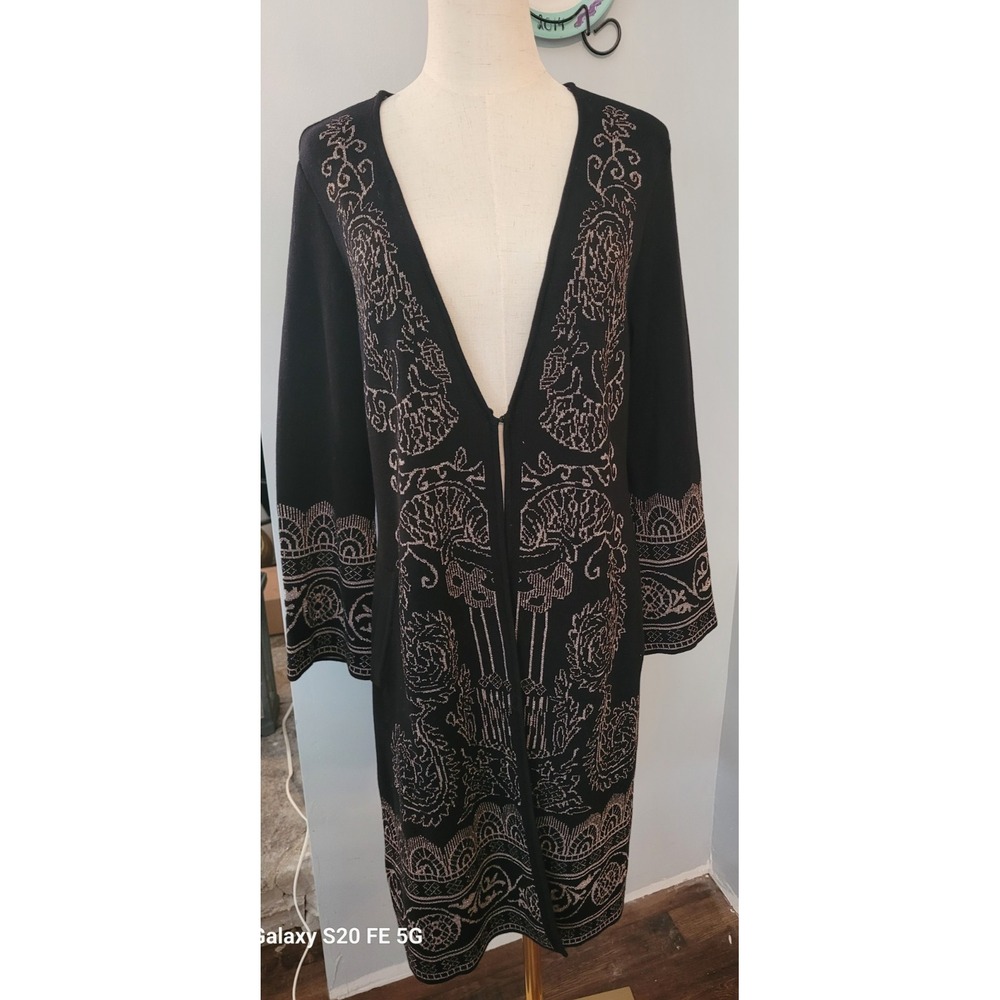 Chicos Womens Black/Gold Tapestry Metallic Pattern Cardigan Boho Duster SZ 1
